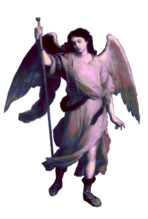 A solemn-faced angel wielding a scepter.