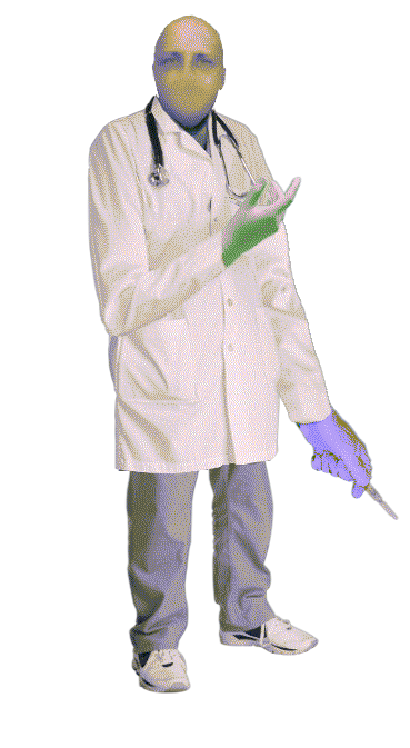 A bald, green-skinned doctor in a lab coat.